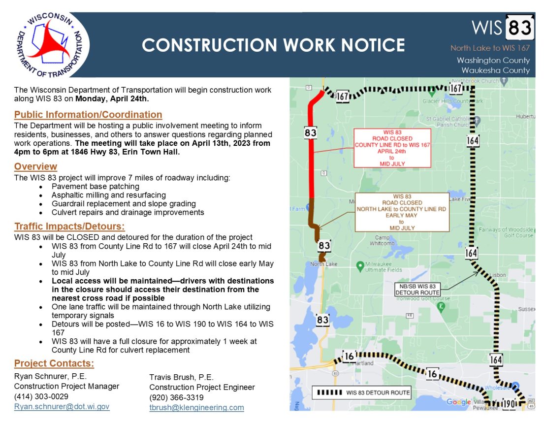 Road construction, detours start April 24, 2023 in Hartford, WI