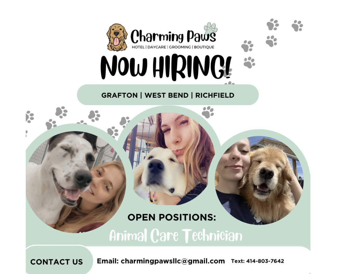 Jobs, jobs, jobs at Charming Paws in Grafton, Richfield, and West Bend, WI